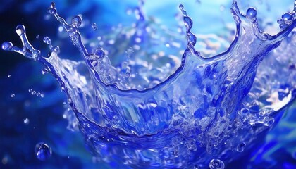 Poster - vivid close-up of a dynamic blue water splash with crystal-clear droplets and ripples, ideal for design background and creative concepts

