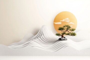 Wall Mural - A flat geometric depiction of a Zen garden with raked sand patterns and a small bonsai tree