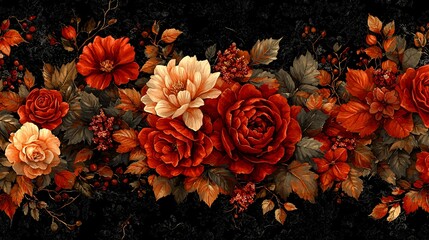 Wall Mural - Elegant floral arrangement with red and peach flowers leaves and berries on dark background