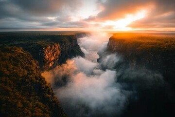 A haunting depiction of Victoria Falls at night, shrouded in mist and illuminated by an eerie full moon, with dark shadows casting across the gorge