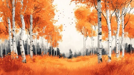 Wall Mural - Birch trees with orange leaves creating a path in autumn forest