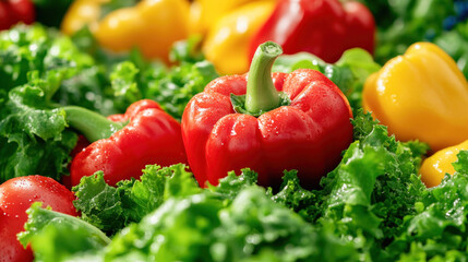 Fresh red and yellow bell peppers resting on a bed of crisp lettuce