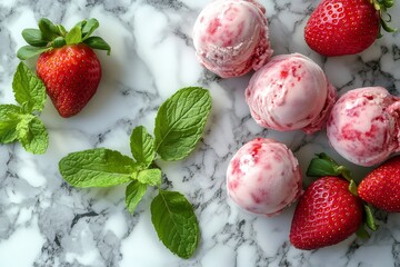 Wall Mural - Delicious strawberry ice cream scoops with fresh mint and strawberries on marble