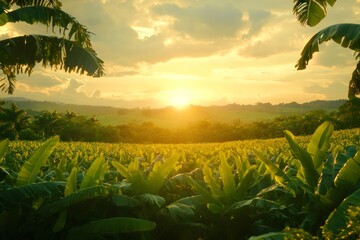 Wall Mural - Golden sunset illuminating vast banana plantation in tropical paradise