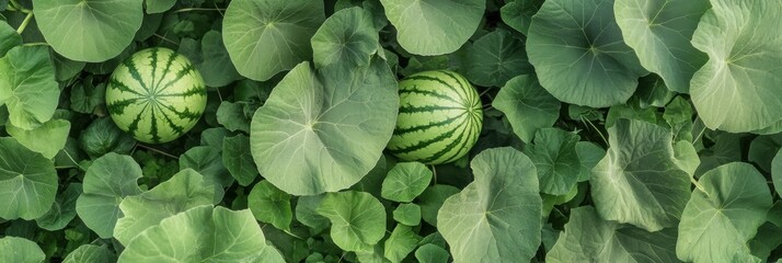 Wall Mural - Vibrant green watermelons hidden among large lush leaves in a garden