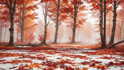 Wall Mural - Desolate autumn landscape with scattered maple leaves of vibrant red and brown hues on a pristine white background , snowy ground, foliage