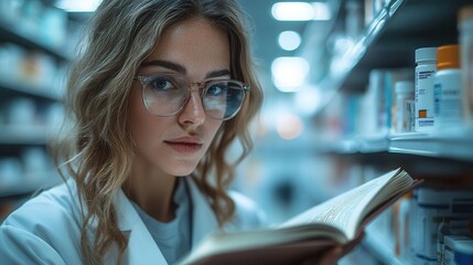 Wall Mural - female pharmacist in white coat examining medical reference book surrounded by organized shelves of medications professional modern pharmacy interior