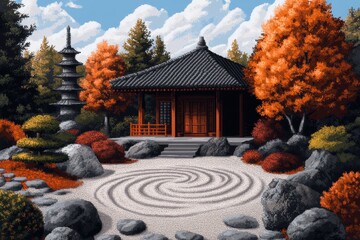 Wall Mural - A pixel art depiction of a Zen garden with tiny raked sand patterns, colorful bonsai trees, and a small pagoda in the background