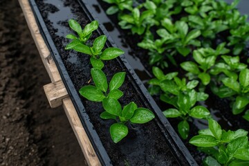 Wall Mural - A vivid display of green seedlings growing in cultivation trays, emphasizing the meticulous care and effort required in nurturing plants for successful agricultural outcomes.