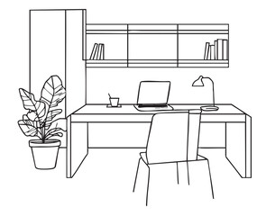 Wall Mural - Workplace sketch. Tables, chairs and windows