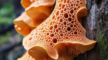 Orange fungi on tree bark in forest; nature background, biology