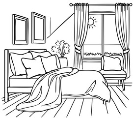 Wall Mural - Bedroom graphic black white home interior sketch illustration vector