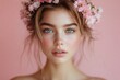 © Lubos Chlubny - Beautiful woman wearing flower crown posing on pink background