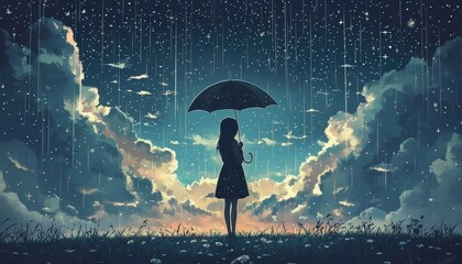Wall Mural - A solitary manga girl holds an umbrella, exuding an aura of melancholy.