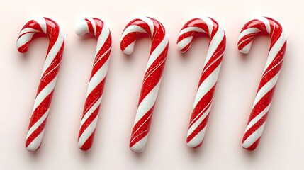 Wall Mural - Five striped red and white candy canes arranged in a row on a soft pink background, perfect for holiday themes