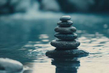 Poster - A stack of smooth stones balanced on a calm water surface, reflecting tranquility and harmony.