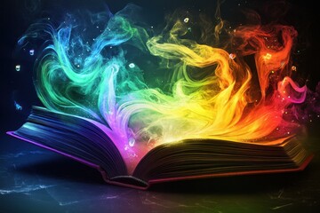 Colorful Holographic Energy Emanating from an Open Book with a Vibrant Swirl Effect Representing Imagination and Knowledge in a Dark Background