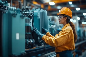 Poster - Industrial female engineer working on machinery in factory