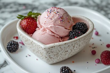 Wall Mural - Heart-shaped bowl overflowing with strawberry ice cream, sprinkles, and fresh berries