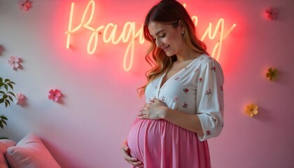 Wall Mural - A young Caucasian woman in a white blouse with floral patterns and a pink skirt, gently cradling her pregnant belly. She has long, wavy brown hair and is smiling softly. 