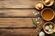 © AHNH2 - Rustic Wooden Table Background with Natural Elements Ideal for Cooking or Dining Themed Designs Featuring Eggs, Baskets, and Bamboo Accents
