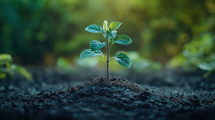 Growth tree with young plant on a vibrant natural green background symbolizing new beginnings.