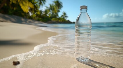 Sticker - Plastic water bottle on tropical beach.