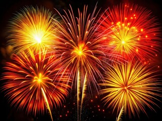 macro lens captures vibrant red and yellow fireworks exploding against a dark night sky.