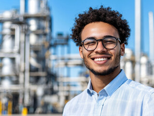 young entrepreneur smiling confidently in industrial setting