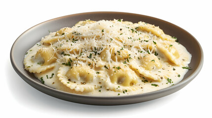 A clean plate of creamy cheese-stuffed ravioli topped with Alfredo sauce and freshly grated Parmesan served on a white background