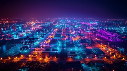 Poster - Futuristic aerial perspective of a bustling port with interactive 3D data visualizations and glowing purple blue hues showcasing the advanced logistics and infrastructure of a modern