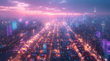 Fototapete - Innovative aerial view of a bustling metropolitan port skyline filled with towering skyscrapers cargo containers industrial cranes