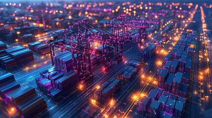 Poster - Futuristic aerial image of a dynamic port with cranes and cargo containers surrounded by interactive 3D digital elements in vibrant blue and purple tones