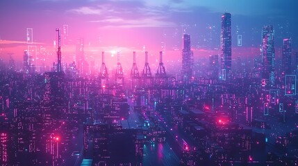 Aufkleber - Aerial view of a futuristic port city skyline featuring large container cranes and cargo facilities highlighted by interactive 3D digital overlays in vibrant shades of purple and blue