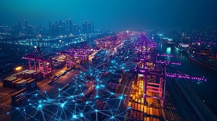 Poster - Glowing Futuristic Aerial View of a Bustling Shipping Port at Night with Advanced Communication Networks and Cargo Containers