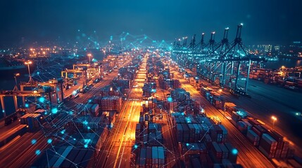 Aufkleber - Aerial perspective of a thriving industrial port at night with cargo containers and cranes overlaid by advanced 3D data visualizations