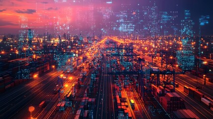 Poster - Aerial panoramic view of a glowing futuristic city skyline at night with an industrial port and cargo containers below overlaid with advanced 3D data visualizations and digital network patterns