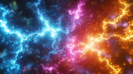 Poster - Striking abstract image depicting sharp branching electrical sparks in vibrant multicolored hues