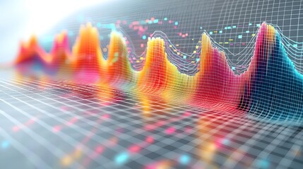 Fototapete - Stunning data visualization combining multicolored line and bar charts set against a white background with a gentle grid pattern
