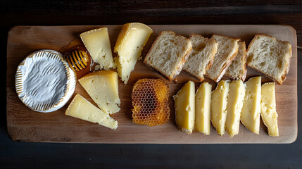 A rustic wooden board featuring artisanal cheese wedges, honeycomb and crusty bread arranged symmetrically