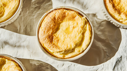 Wall Mural - A vibrant cheese souffle baked to golden perfection served in individual ramekins on a textured background under bright light