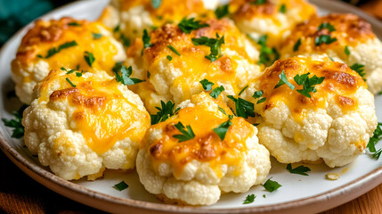 Wall Mural - A vibrant close-up of baked cheesy cauliflower florets garnished with parsley, placed on a clean ceramic plate