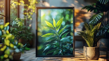 Poster - Stylish and contemporary poster frame mockup displayed in a bright and cozy living room interior with modern home decor elements clean design and natural plants and sunlight  3D rendered digital