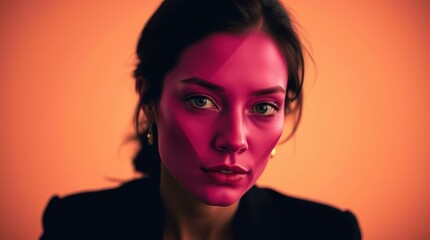 Wall Mural - Woman with vibrant pink face paint against an orange background.  A striking portrait showcasing creative makeup artistry.