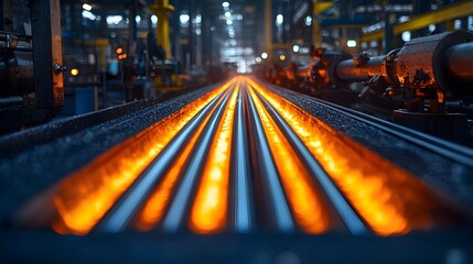 Poster - Close up capture of glowing metal rods emitting radiant heat on a conveyor belt in a modern manufacturing facility  Industrial production and automation concept