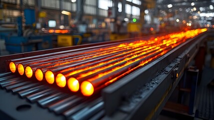 Poster - Close up view of a conveyor belt carrying red hot glowing metal rods through an intense industrial factory environment highlighting the heat and energy involved in the manufacturing process
