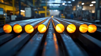 Poster - Close up view of an industrial conveyor system transporting glowing metal rods showcasing the intense radiant heat and the advanced automation and technology used in modern manufacturing processes