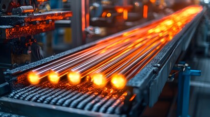 Poster - Close up view of an industrial conveyor belt carrying glowing red hot metal rods captured in high definition