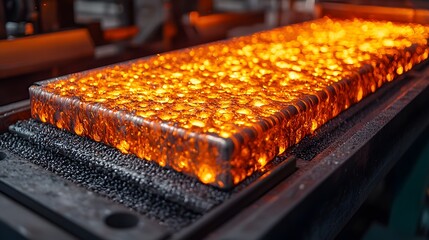 Poster - close up view of intensely glowing molten metal rods moving along a conveyor belt in an industrial factory setting  The image showcases the heat energy