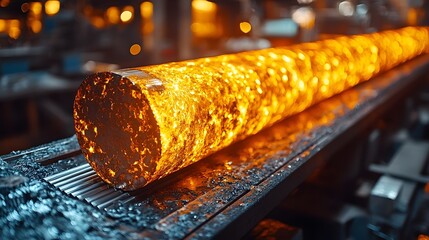 Poster - close up view of intensely glowing molten metal rods moving along an industrial conveyor belt in a manufacturing facility